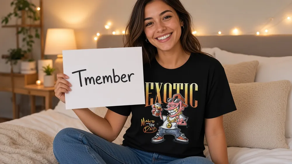 Sample entry: member in a bedroom in a Tmember tee holding a Tmember sign