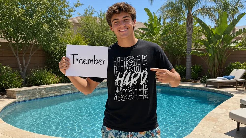 Sample entry: member by the pool in a Tmember tee holding a Tmember sign