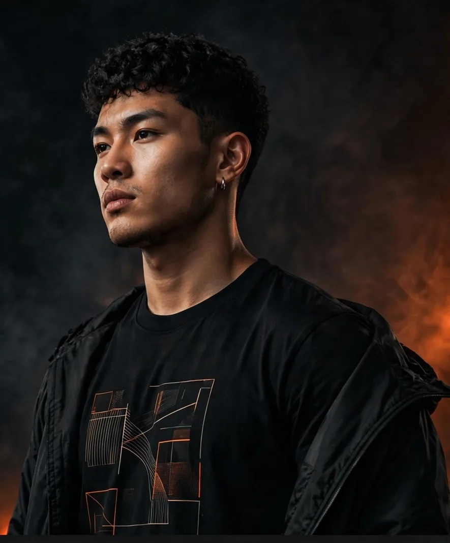 Man in a black Tmember tee and jacket against a dark, smoky orange background