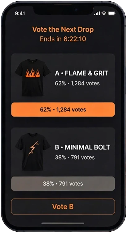 Phone showing a vote between drop A, Flame & Grit, and drop B, Minimal Bolt