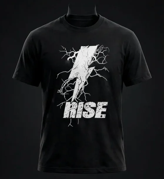Black tee with a white cracked lightning bolt and the word RISE