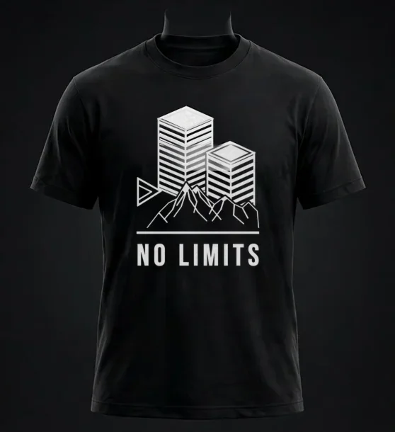 Black tee with a city skyline over mountains and the words NO LIMITS
